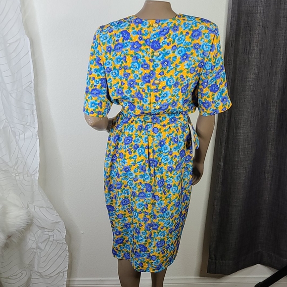 Vintage Nina Ricci Dress Size 10 Turquoise Yellow Retro 80's Floral Print EUC - Picture 5 of 9